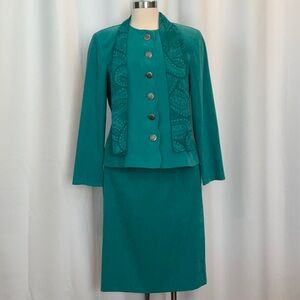 Leslie Faye Dresses Teal Turquoise Suede Cloth Jacket & Skirt Suit Women Size 14